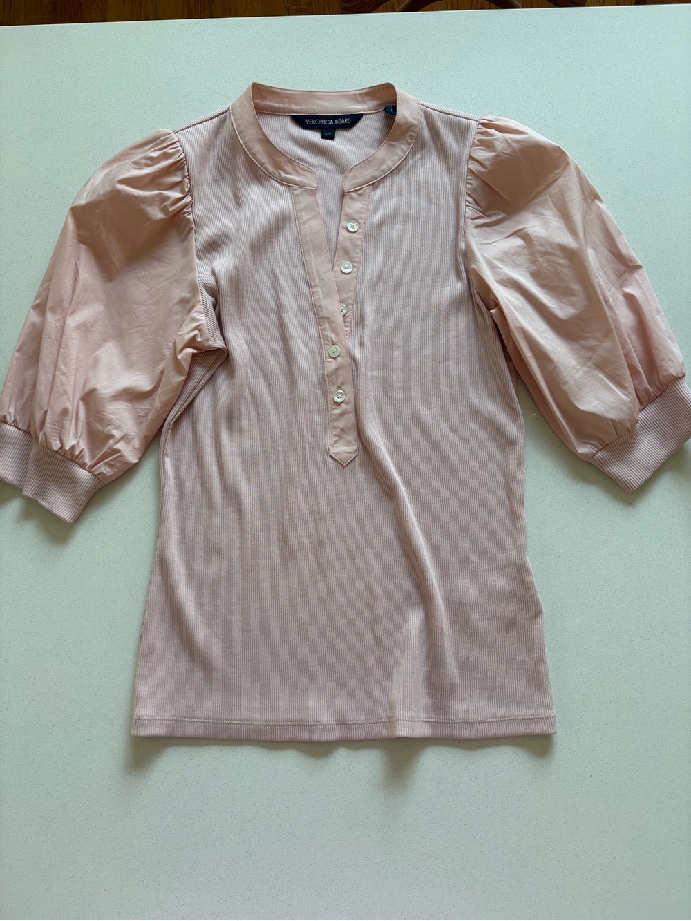 Veronica Beard Pink Puff-Sleeve Henley Top
